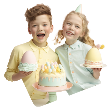 Jongen en meisje met taart en cake